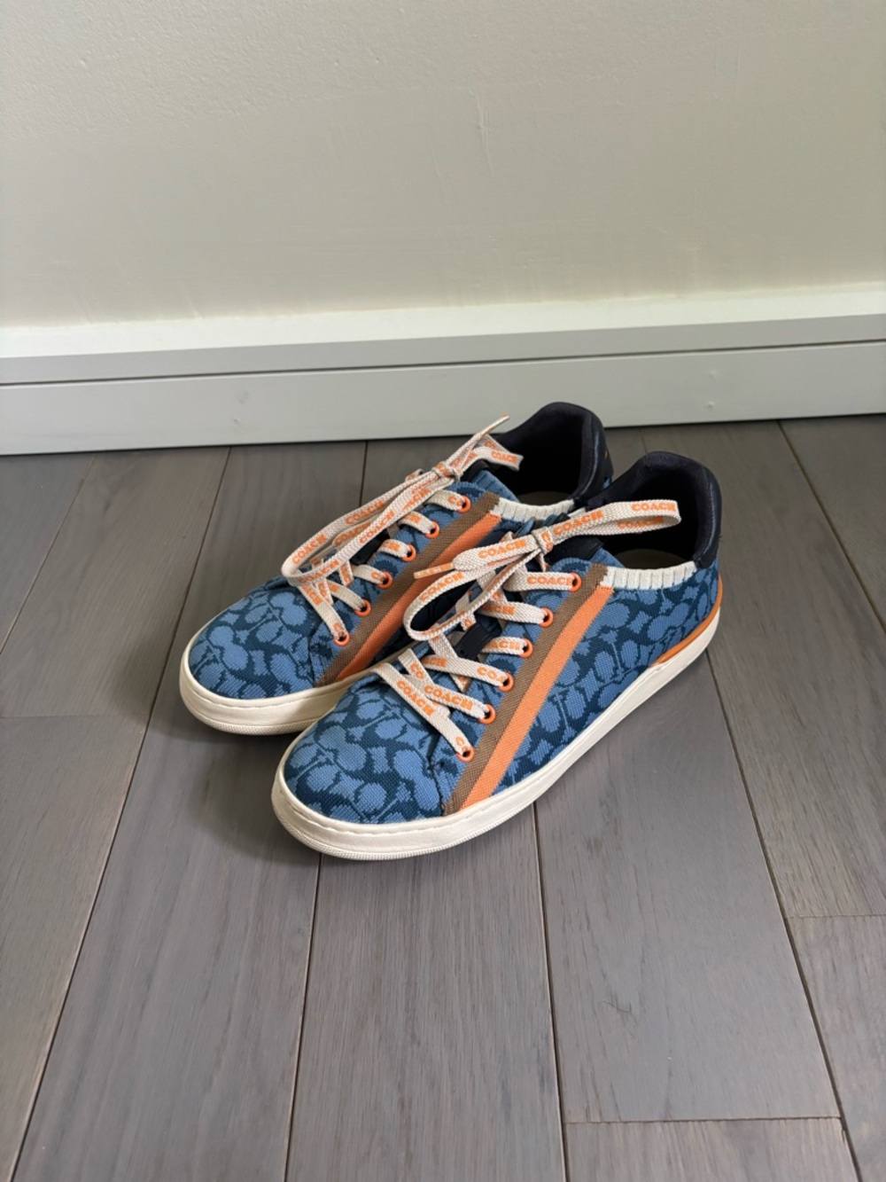 Coach Blue Logo Tennis Sneakers with Orange Trim
